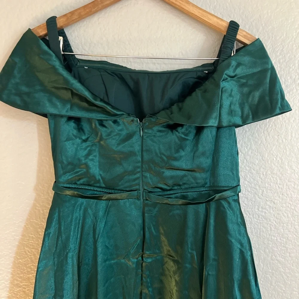 Greatest Hits Forest Green Satin Off-the-Shoulder Maxi Dress_5